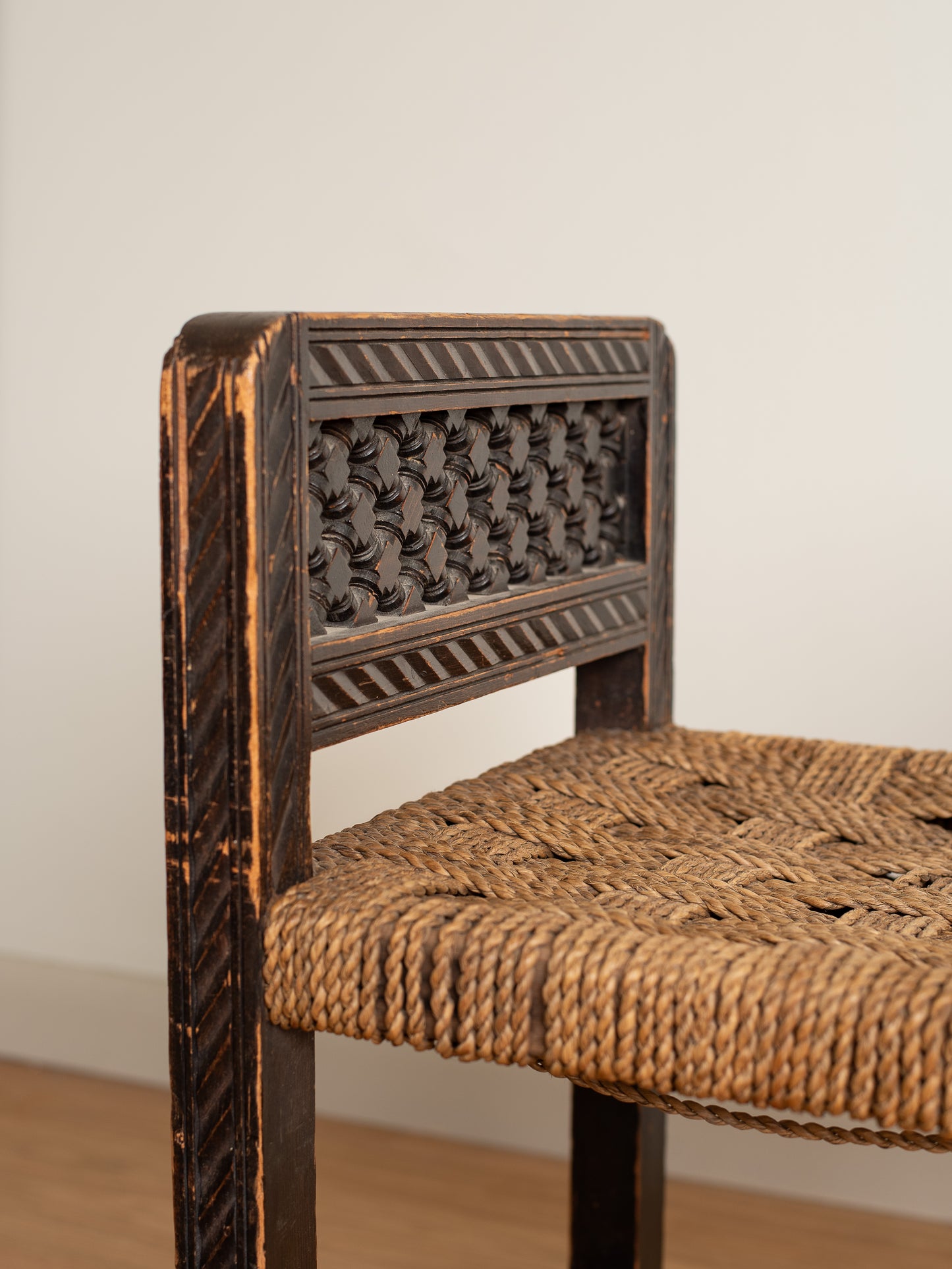 French Carved Oak Stool with Cord Seat c. 1947