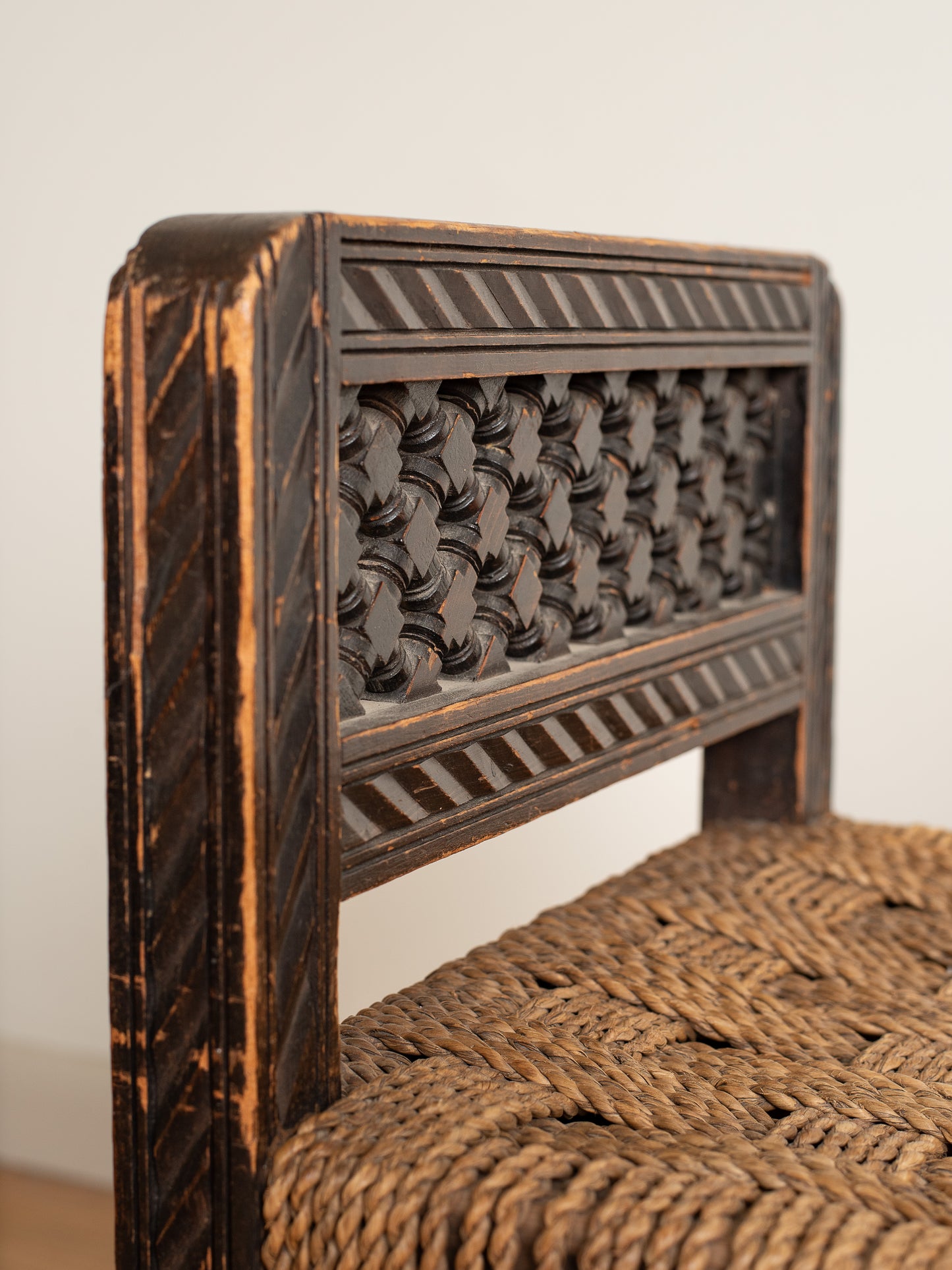 French Carved Oak Stool with Cord Seat c. 1947