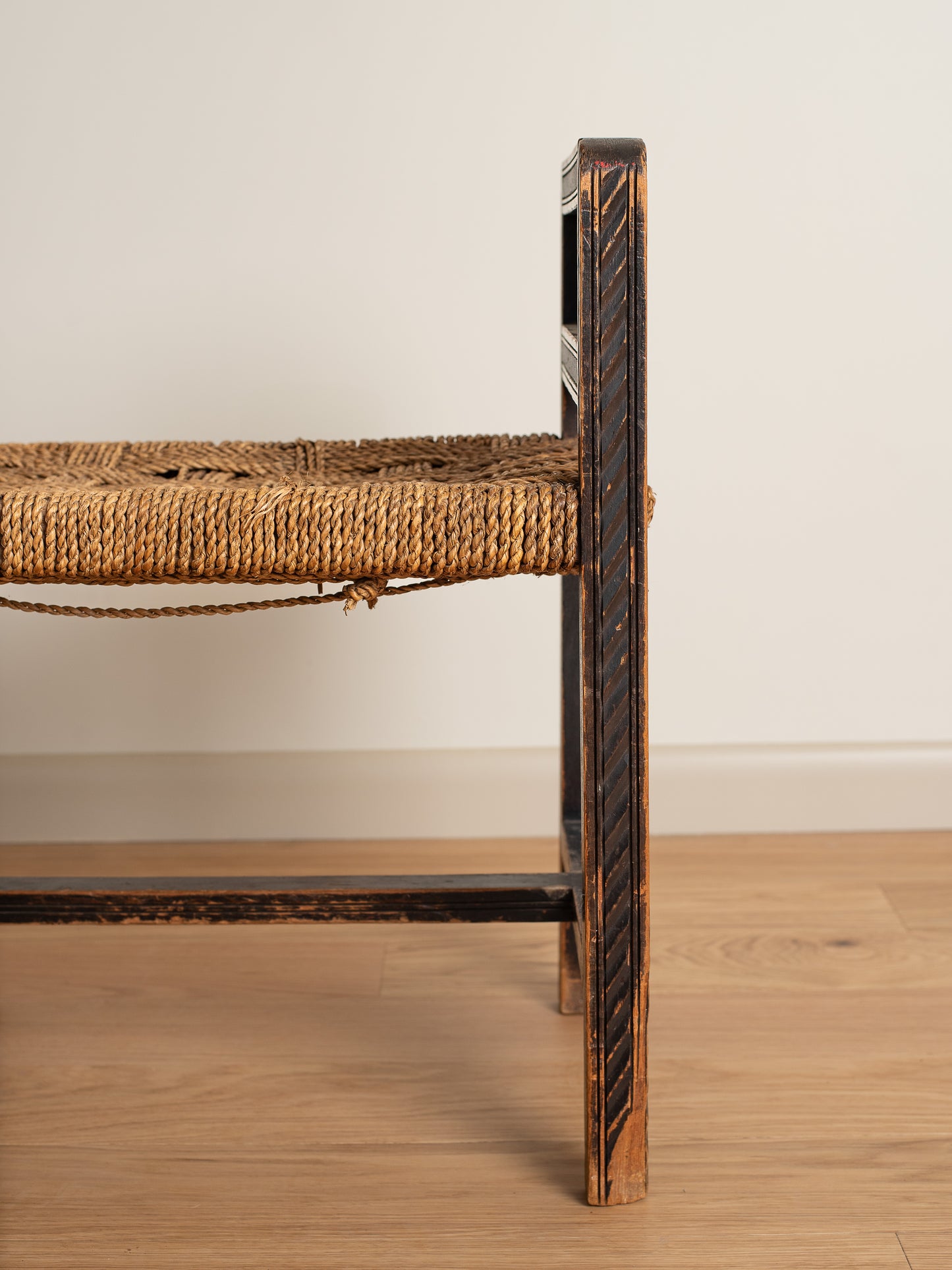 French Carved Oak Stool with Cord Seat c. 1947