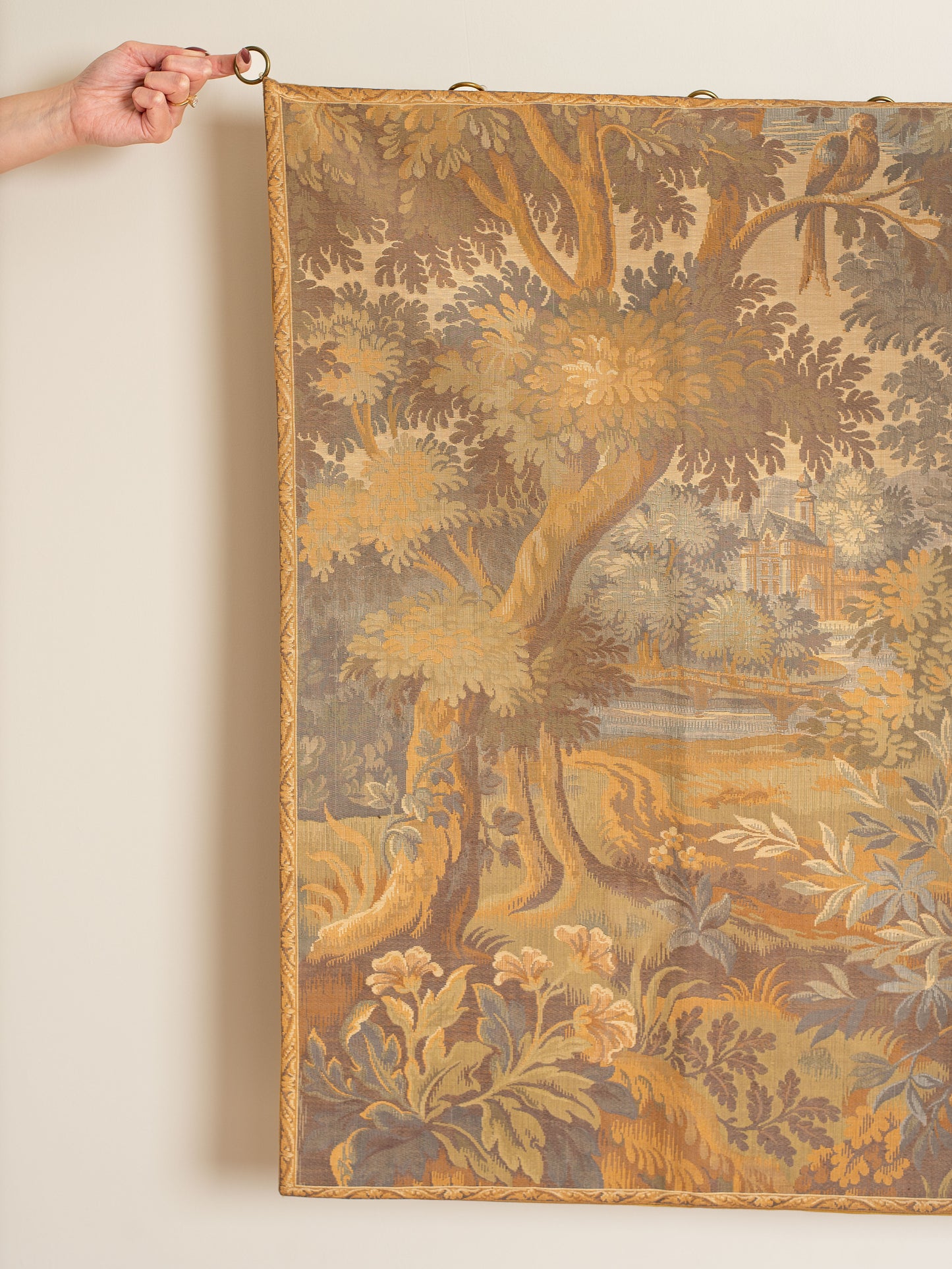 Superb Vintage French Verdure Woven Tapestry Wall Hanging, Bucolic Rural Scene