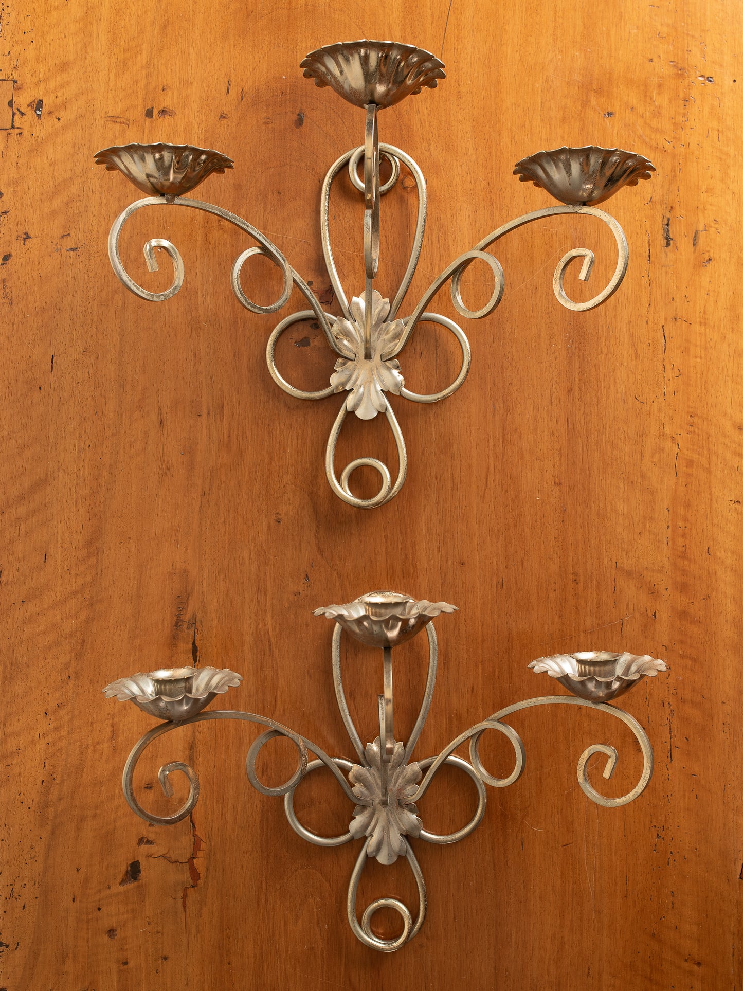Set Of 2 Vintage Solid Brass Flower Wall Mount Candelabra Three Arm
