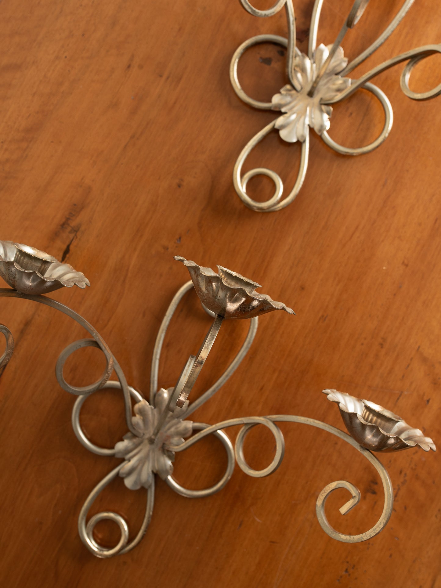 Set Of 2 Vintage Solid Brass Flower Wall Mount Candelabra Three Arm