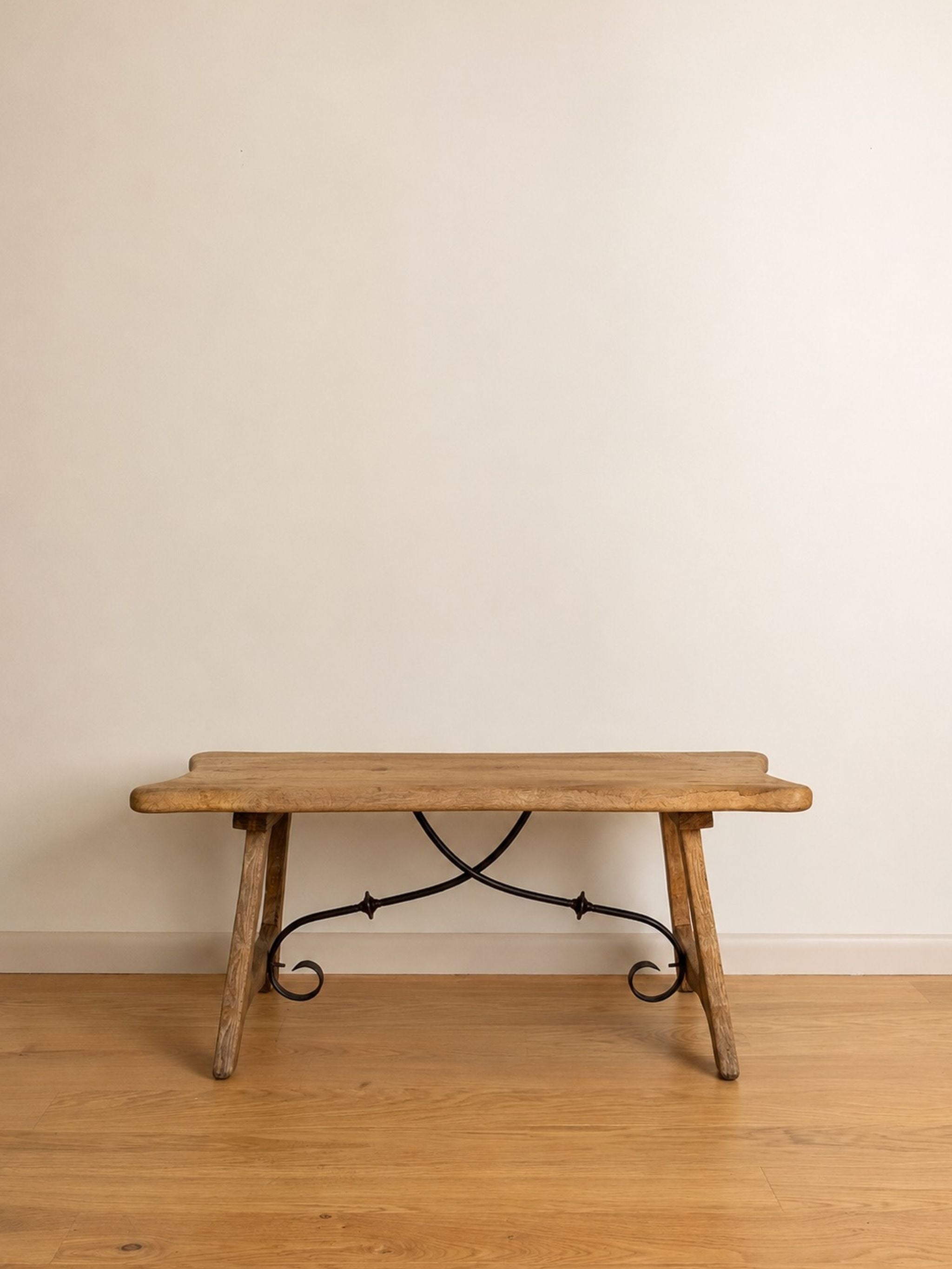 French Oak Brutalist Coffee Table with Iron Stretcher, c. 1960