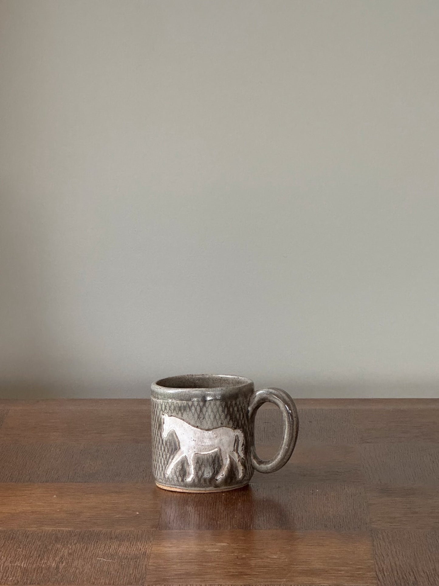 Handmade Ceramic Horse Mug in Gray with White Horse