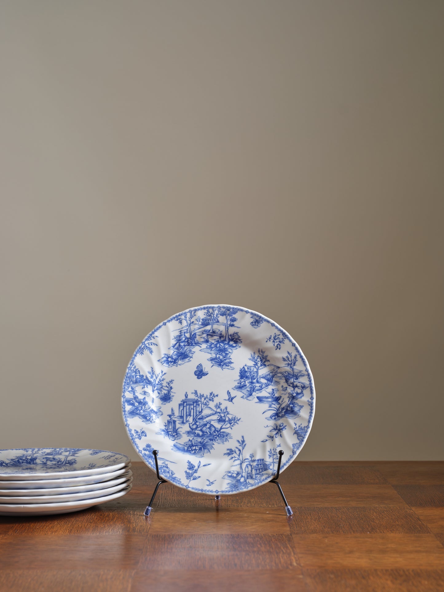 CHURCHILL TOILE Plate Bird Butterfly Blue White Dinner Plates 10” Set Of 6
