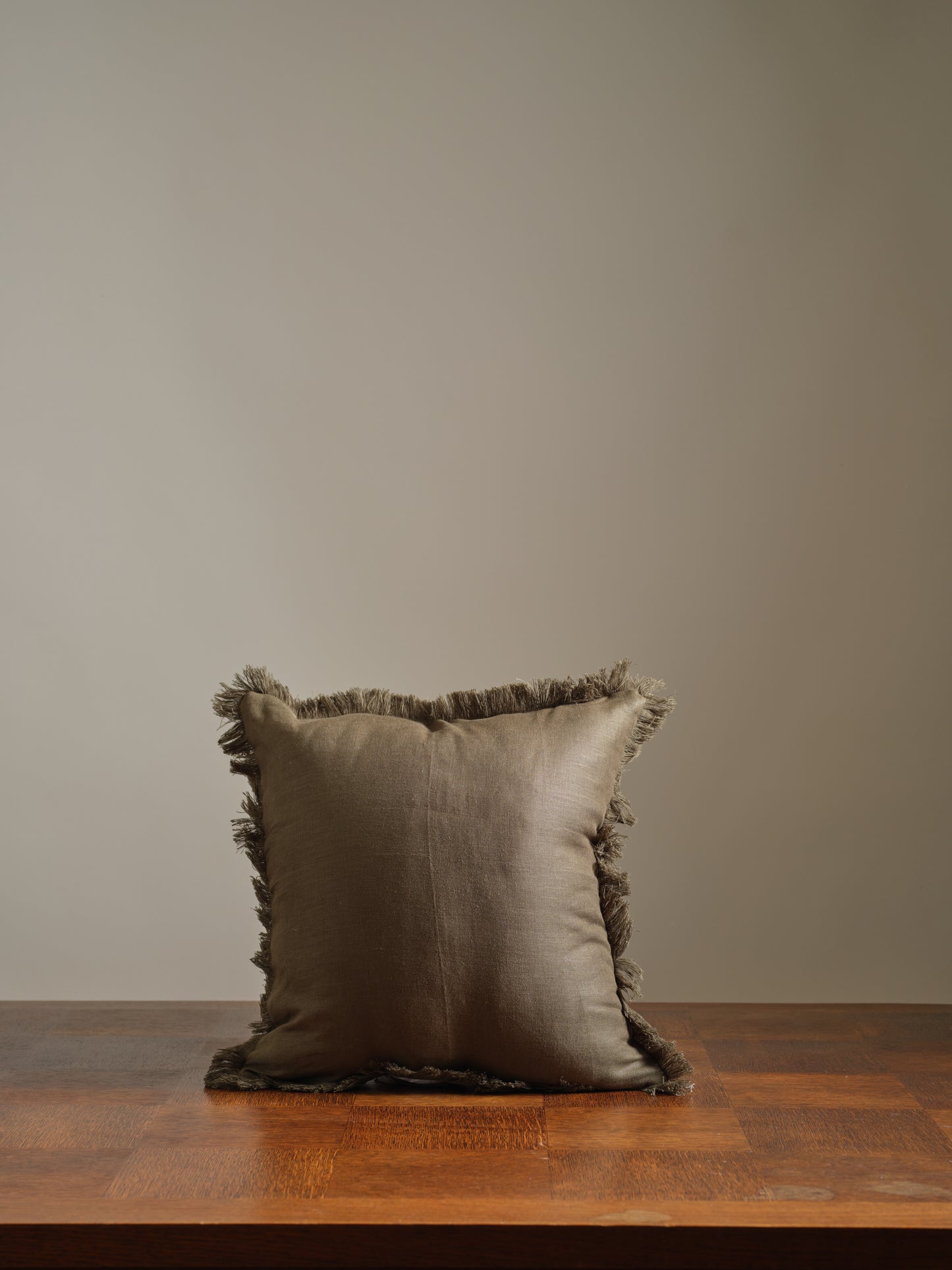 Olive Green Fringed Linen Cushion Cover 16 x 16