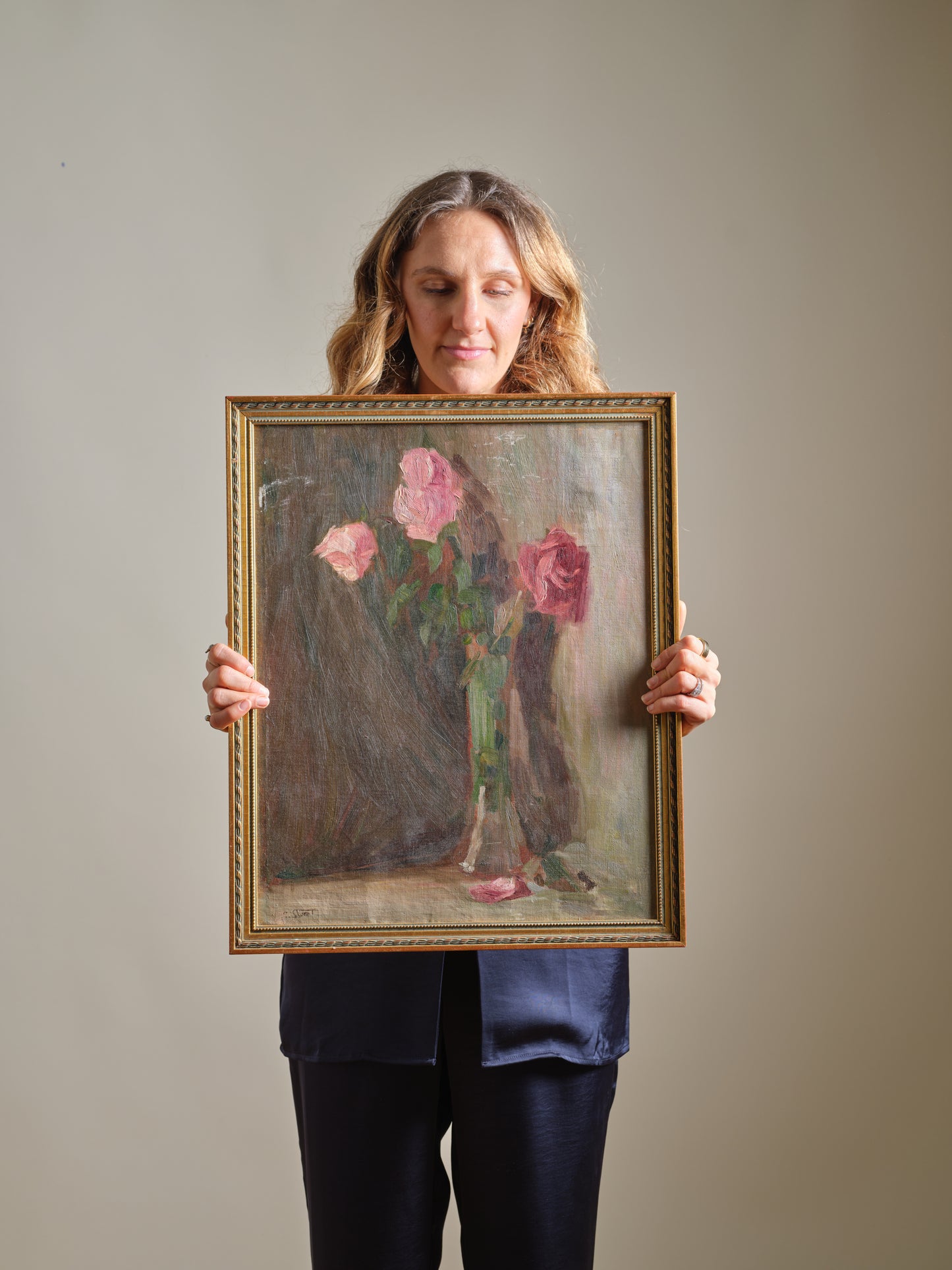 AMERICAN SCHOOL (Early 20th Century,), Still life of roses., Oil on board, 20" x 16". Framed 21.75"