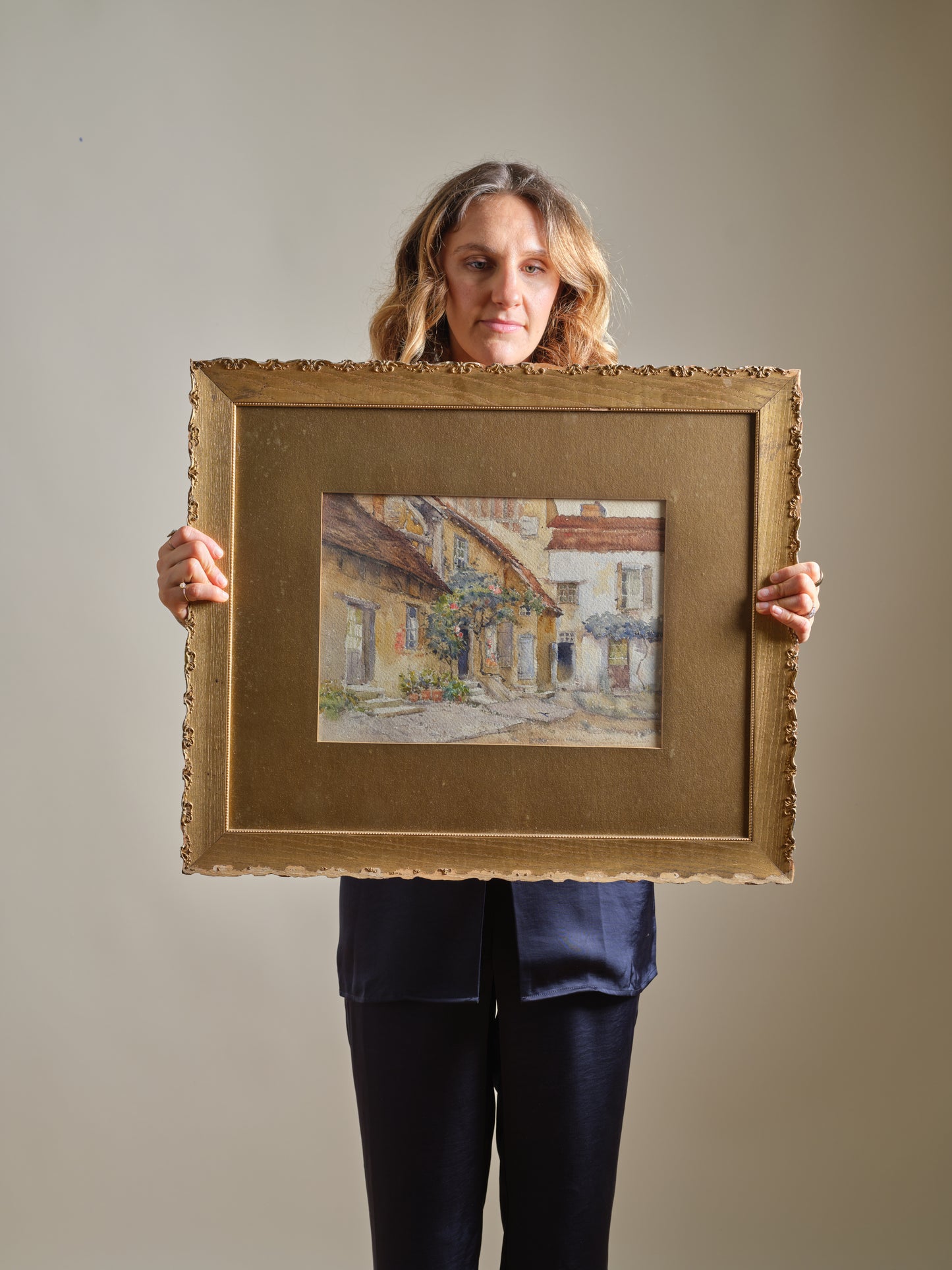 AMERICAN SCHOOL (Early 20th Century,), Village scene., Watercolor on paper, 10" x 14" sight. Framed