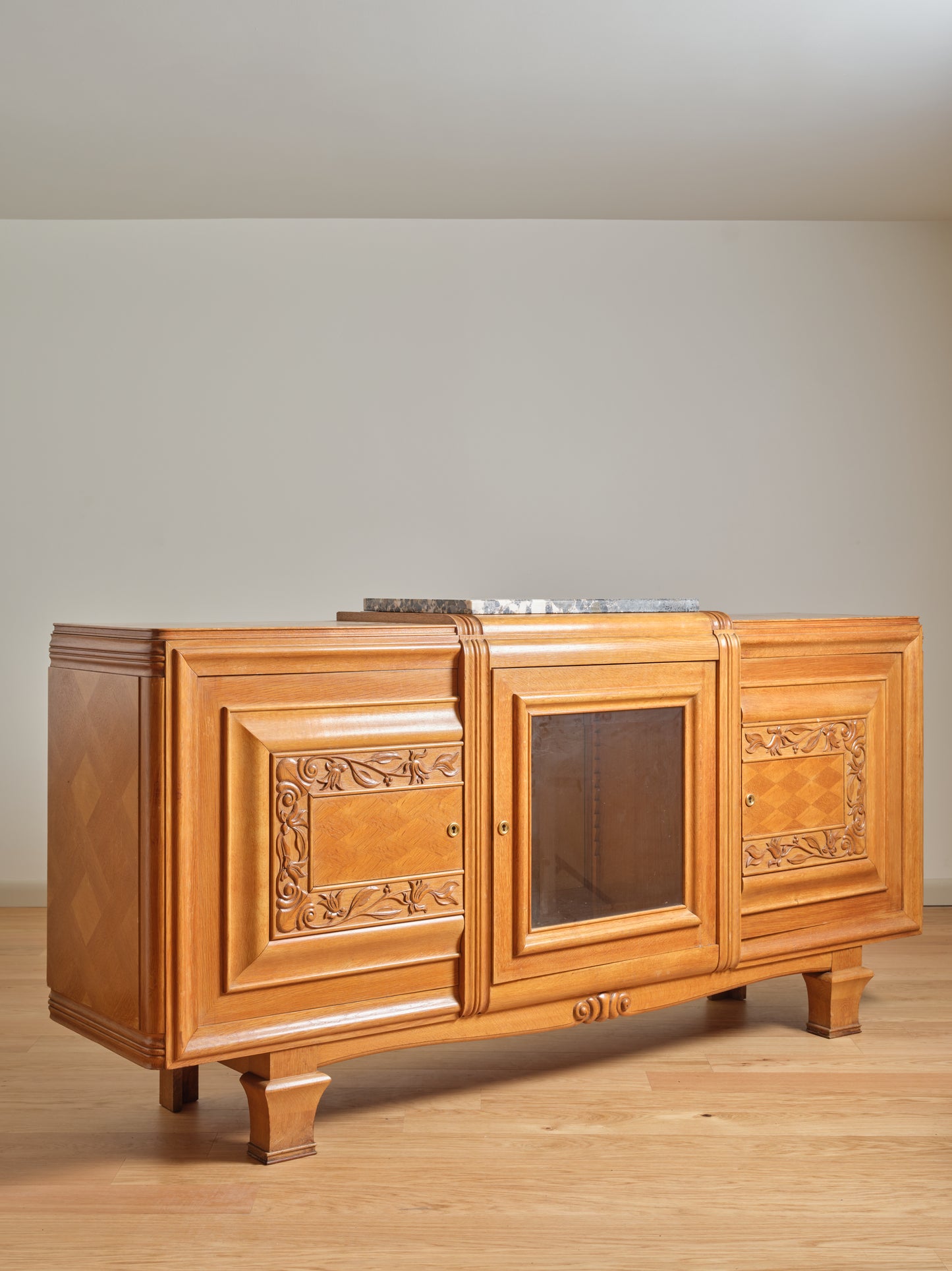 FRENCH OAK ART DECO SIDEBOARD WITH PARTIAL MARBLE TOP