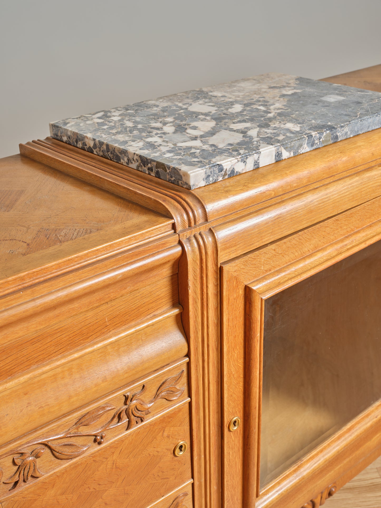 FRENCH OAK ART DECO SIDEBOARD WITH PARTIAL MARBLE TOP