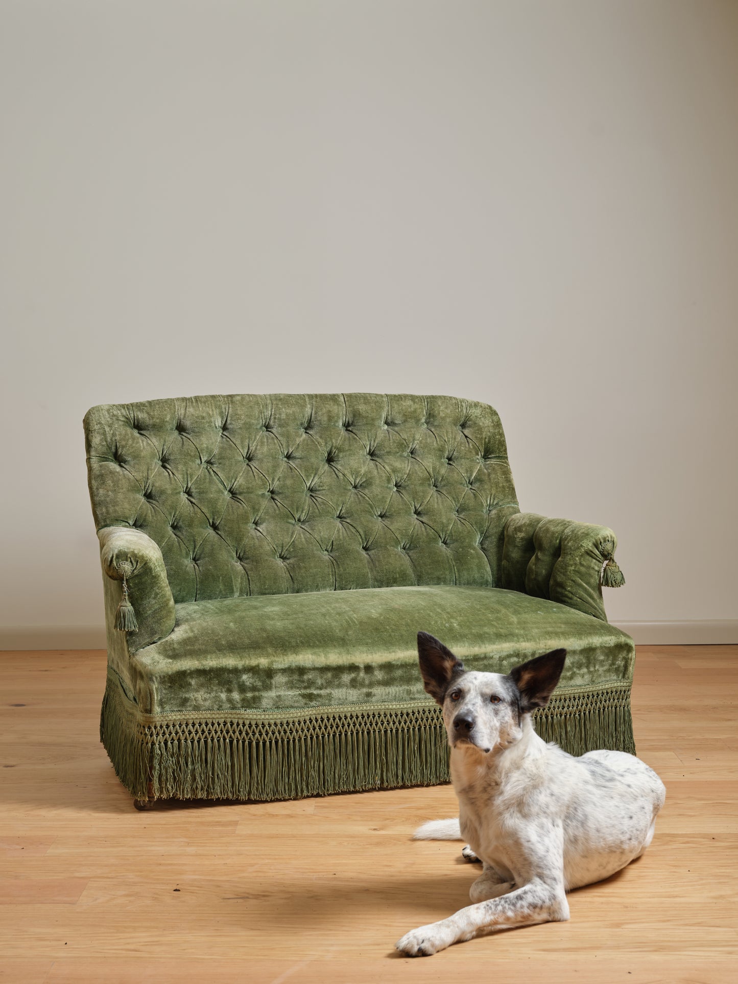 Vintage Green Fringe Velvet Sofa