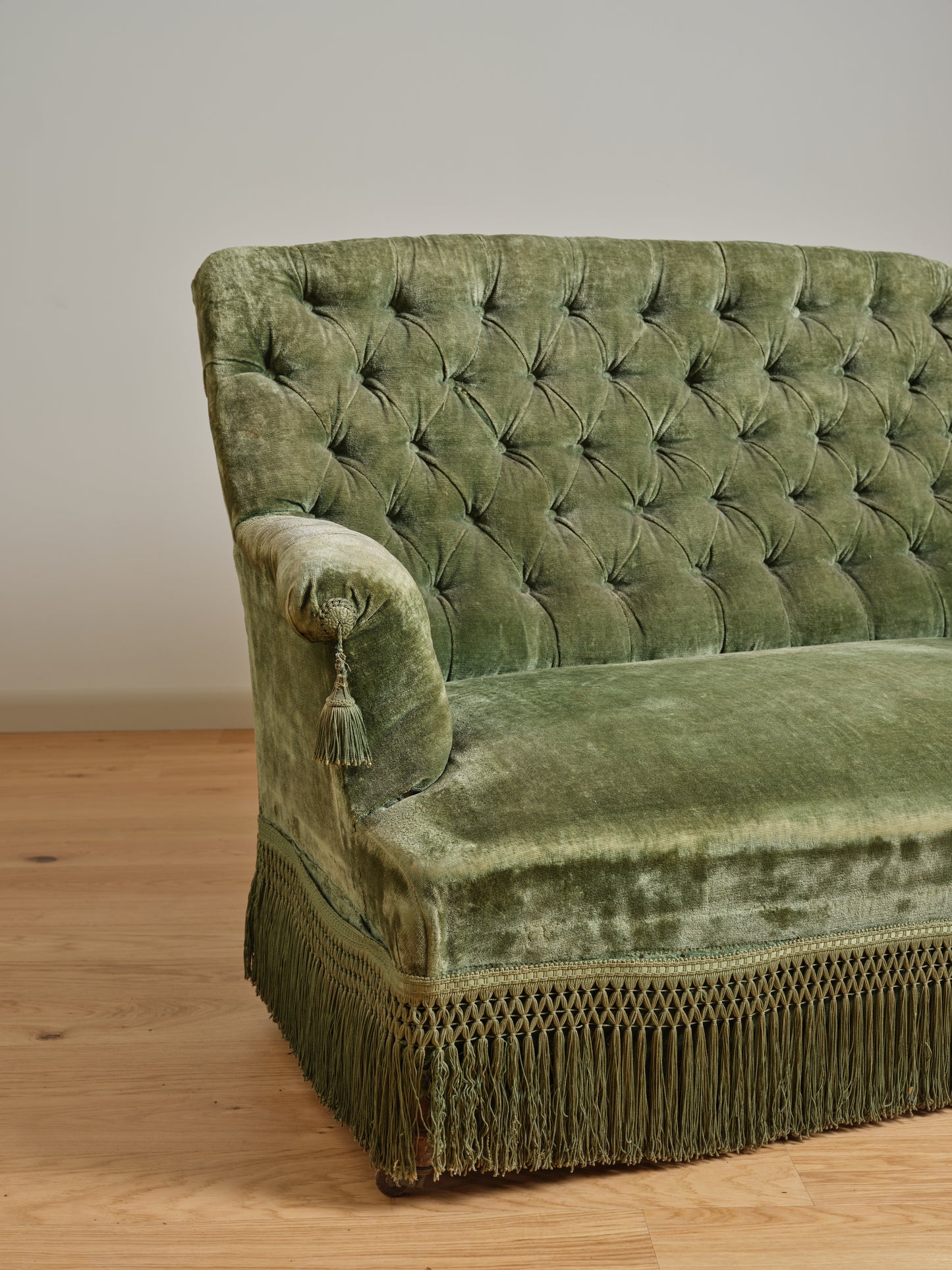 Vintage Green Fringe Velvet Sofa