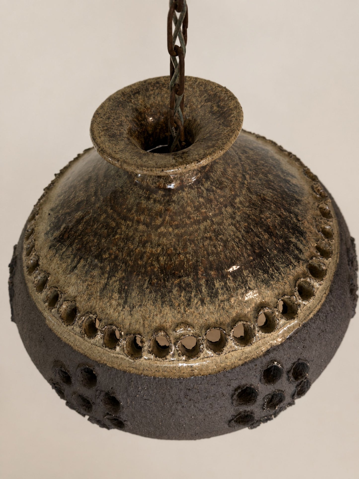 Vintage 1970s Danish Brutalist Ceramic Pendant Light with Pierced Rim Detail and Volcanic Texture