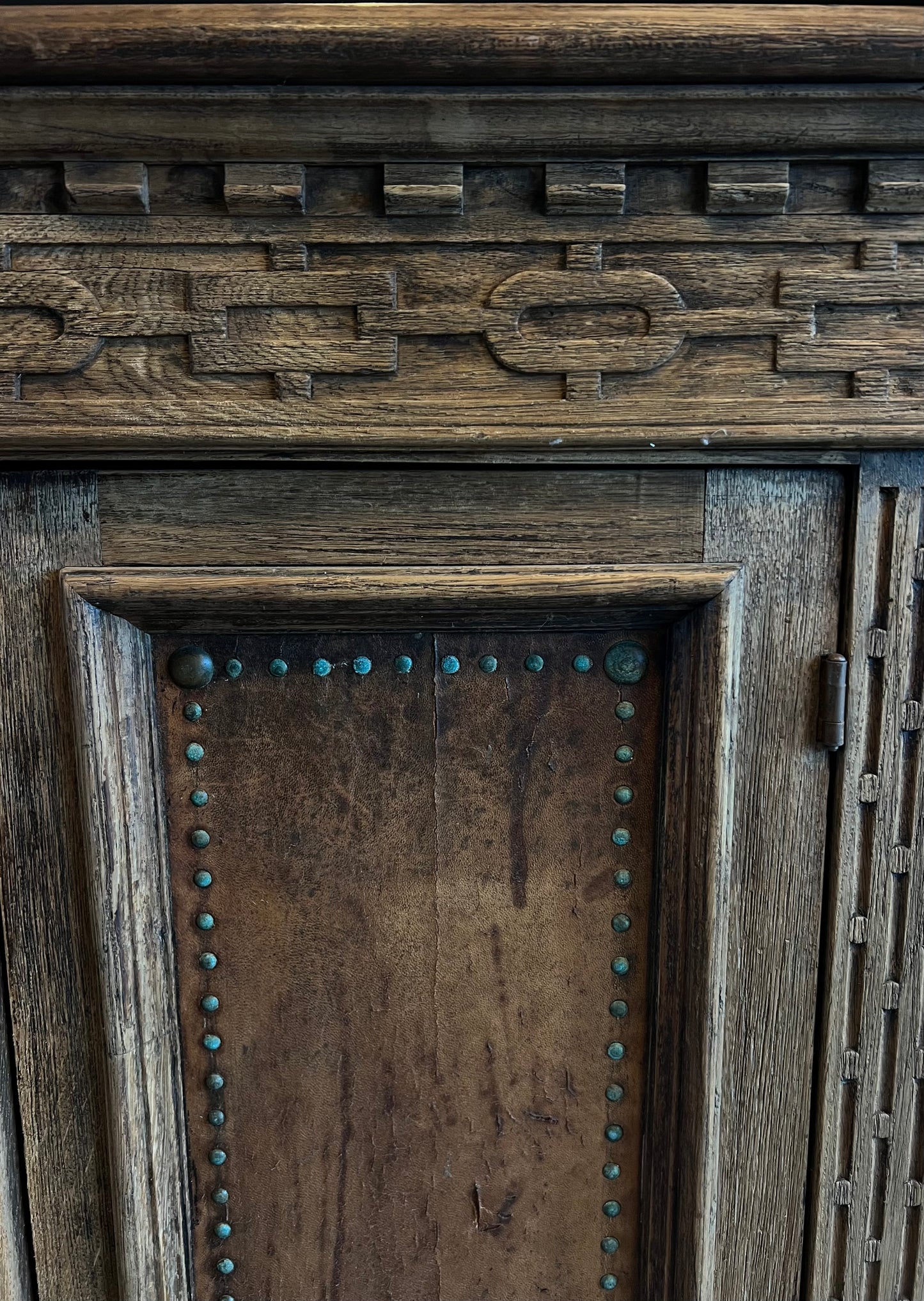 Antique Carved Oak and Leather Hutch