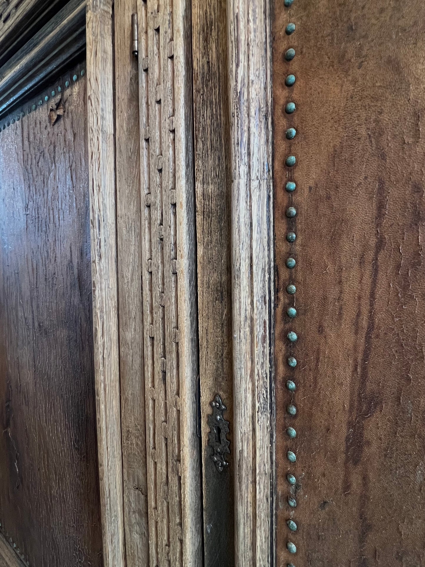 Antique Carved Oak and Leather Hutch