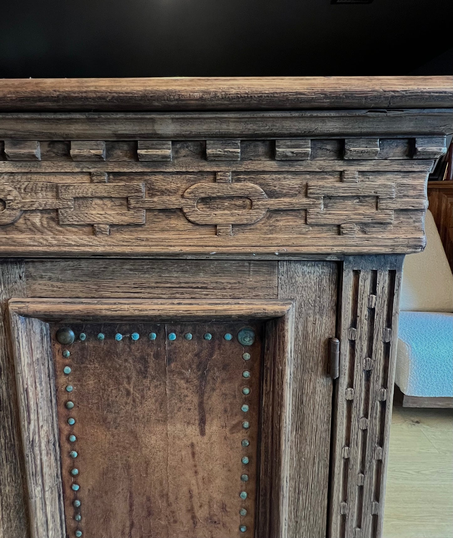Antique Carved Oak and Leather Hutch