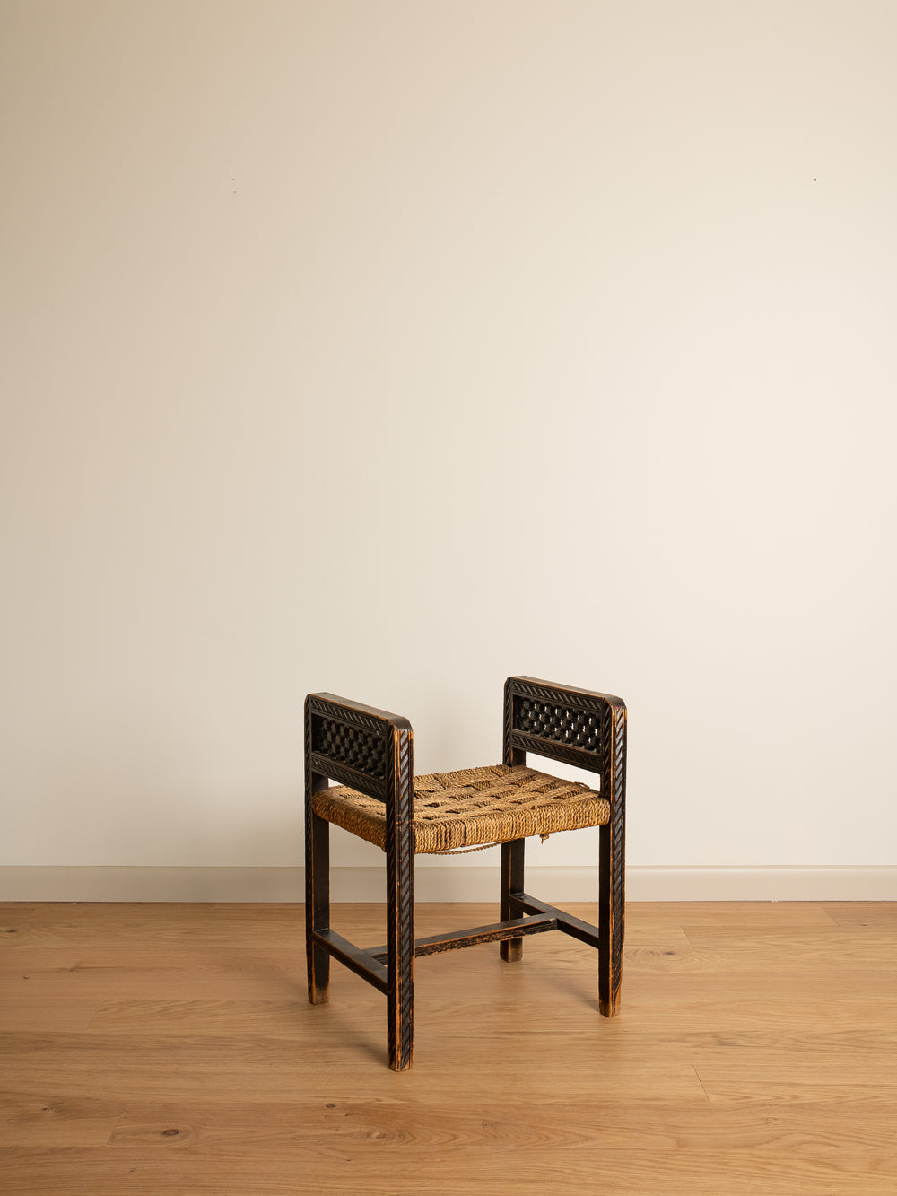 French Carved Oak Stool with Cord Seat c. 1947