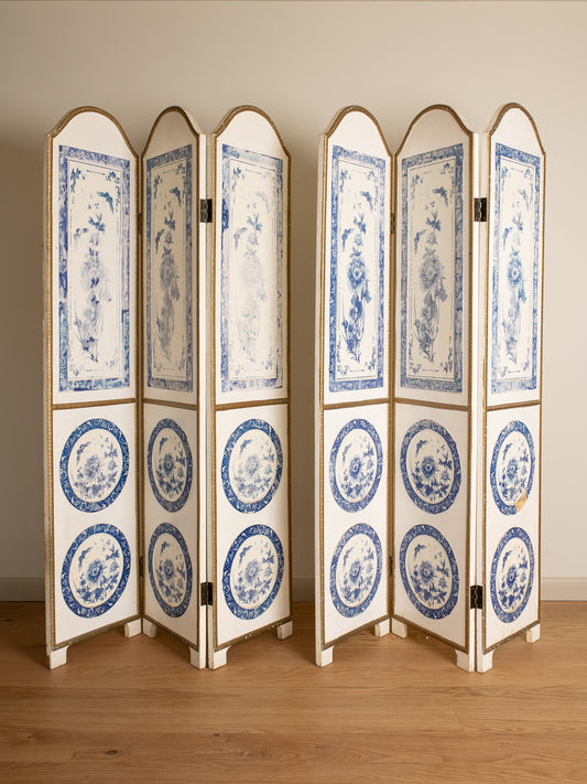Pair of Vintage Italian Blue and White Floral Room Divider Screens