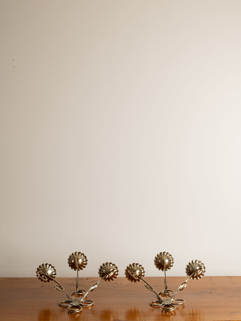 Pair of Vintage Brass Flower Wall Mount Three-Arm Candelabras