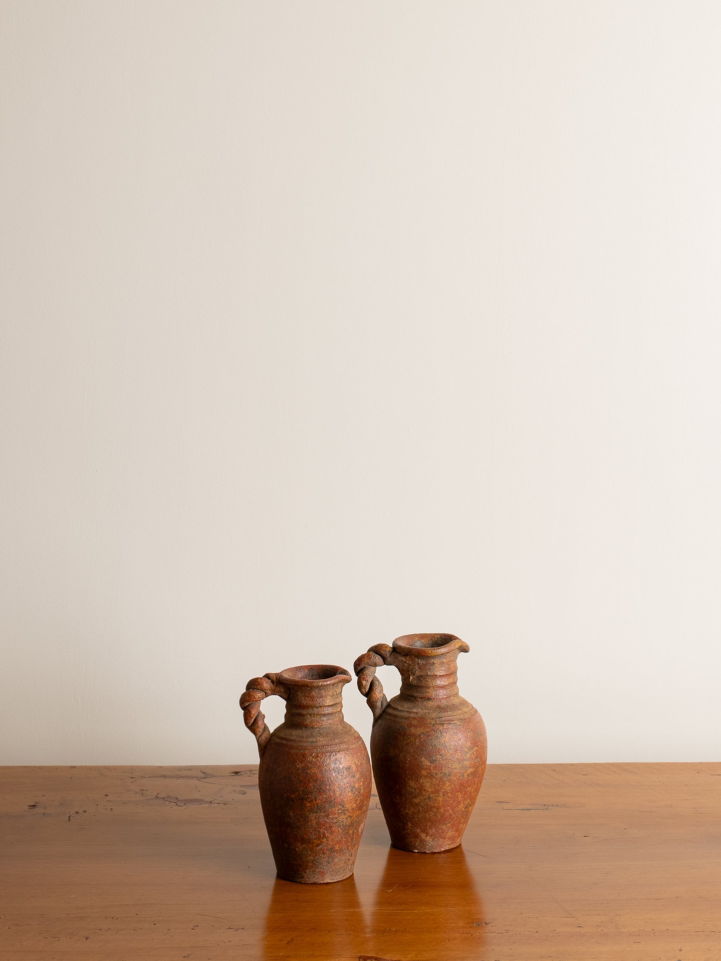 Vintage Terracotta Pottery Jugs with Twisted Handles Set of 2