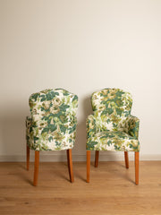 Set of Two Vintage Green Floral Upholstered End Chairs