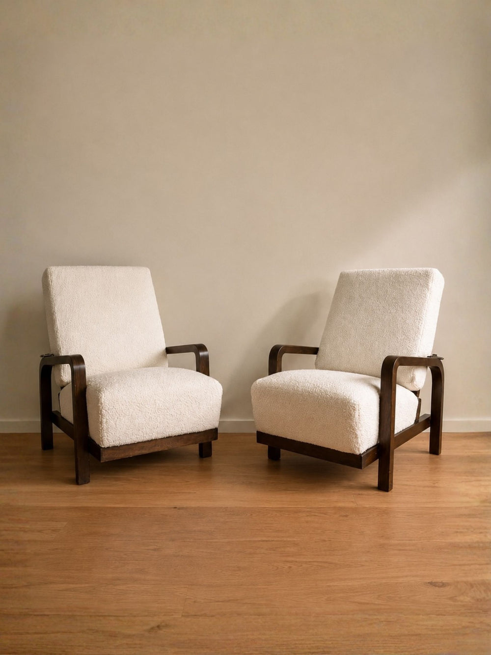 Pair of 1930s Czech Art Deco Reclining Armchairs in Cream Bouclé