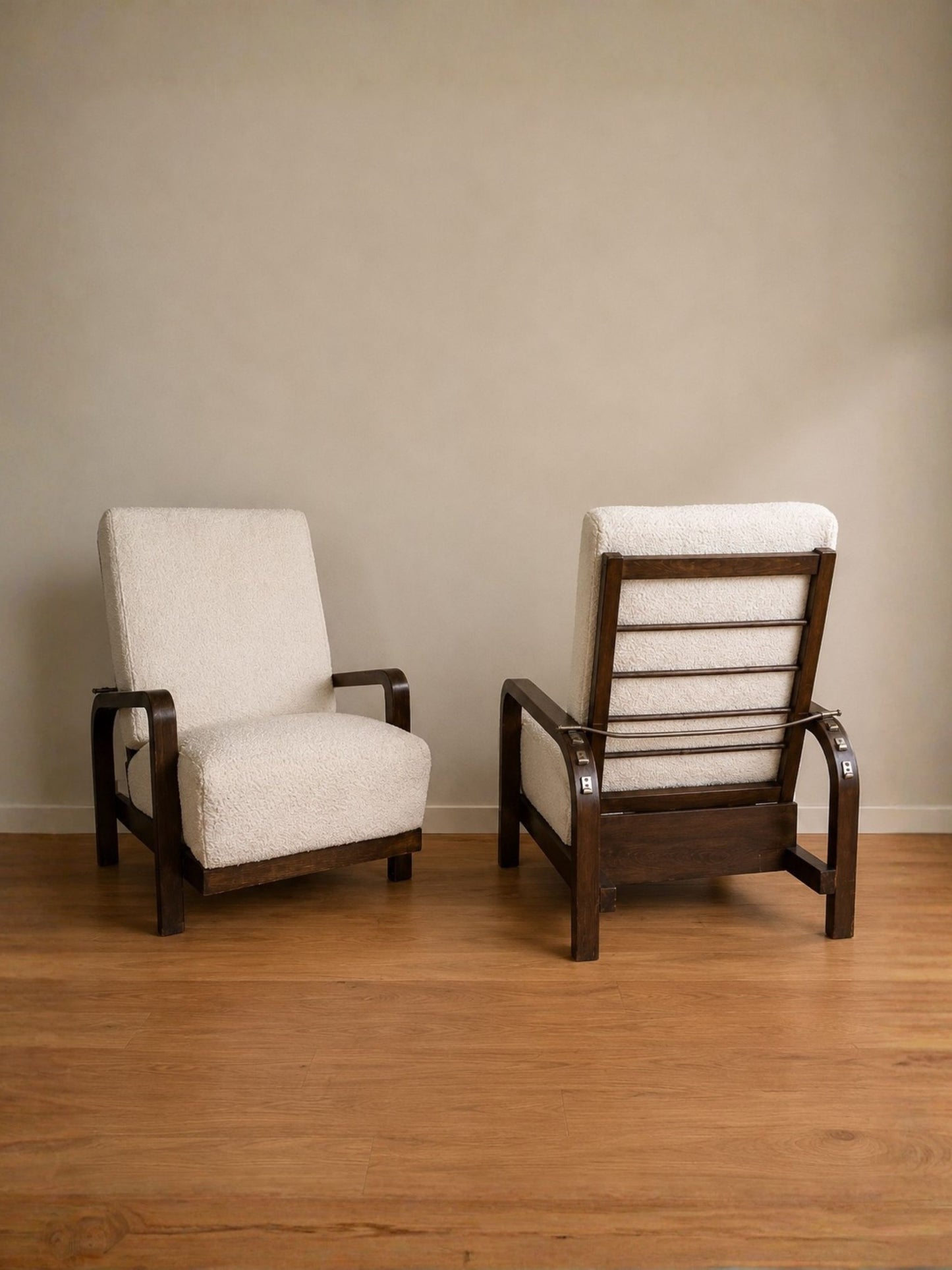 Pair of 1930s Czech Art Deco Reclining Armchairs in Cream Bouclé