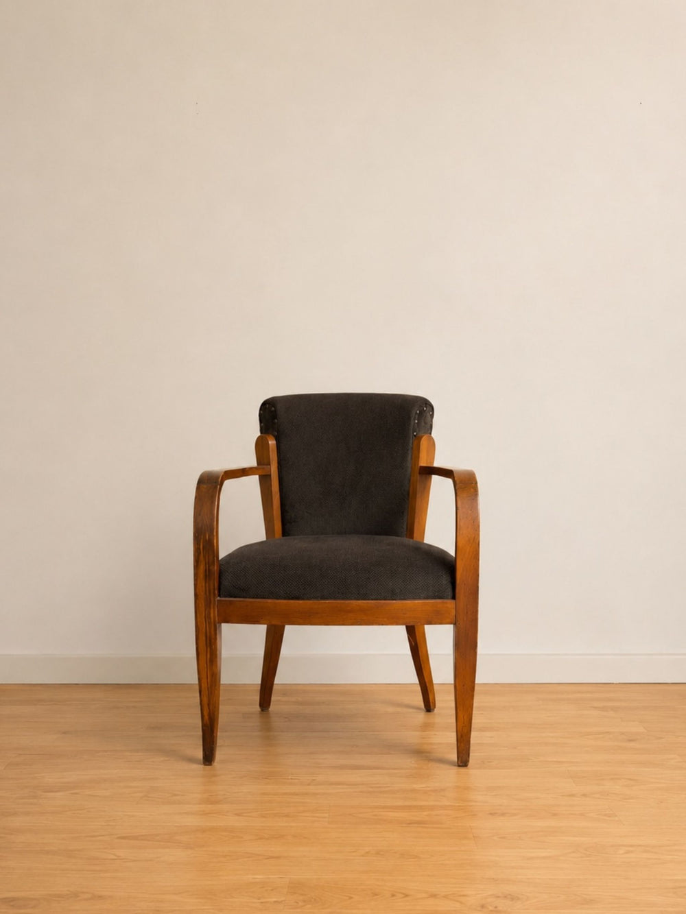 Vintage Art Deco Style Wood Armchair with Dark Green Upholstery