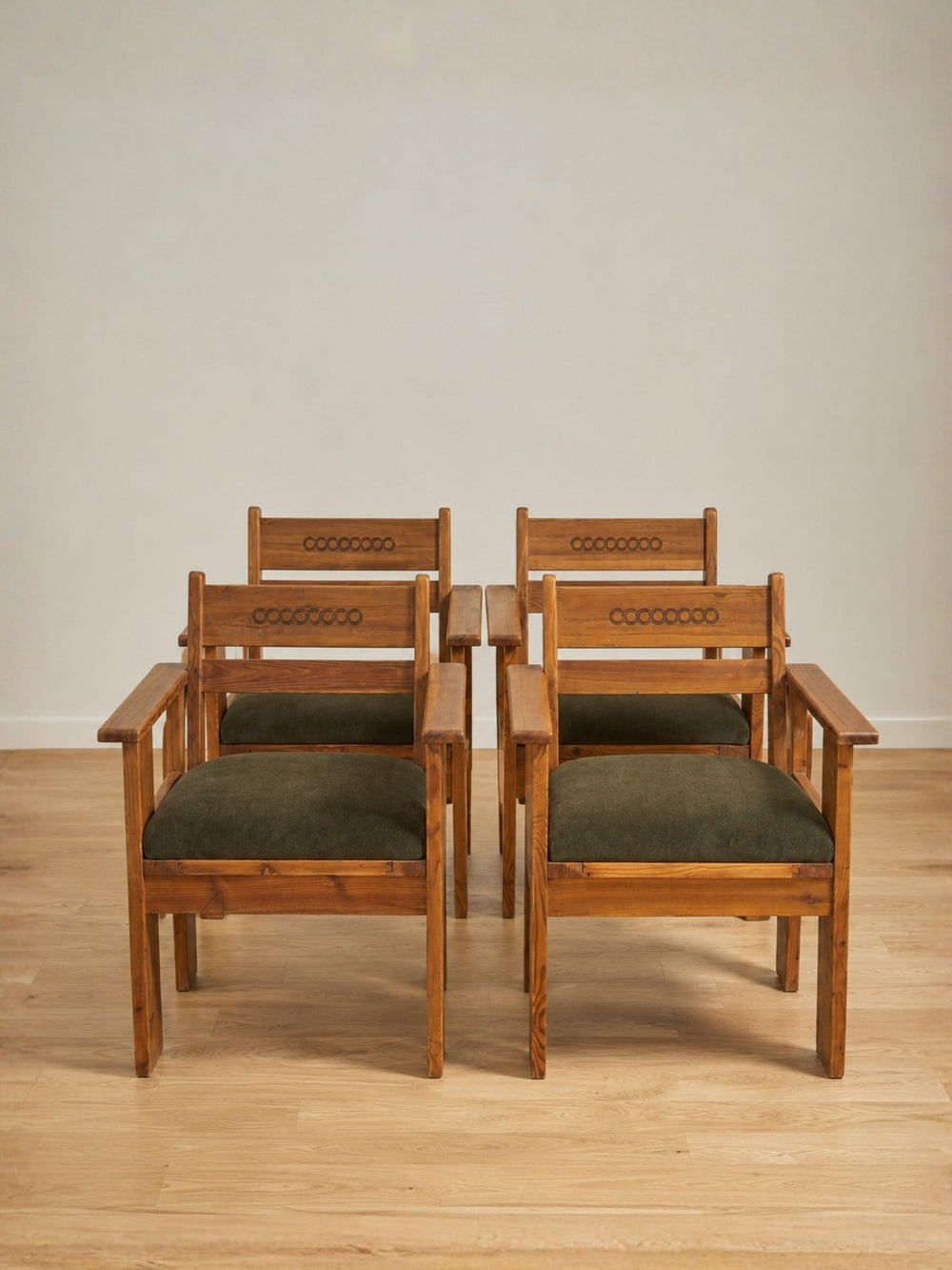 Set of Two Mid-Century Pine Armchairs with Green Upholstery