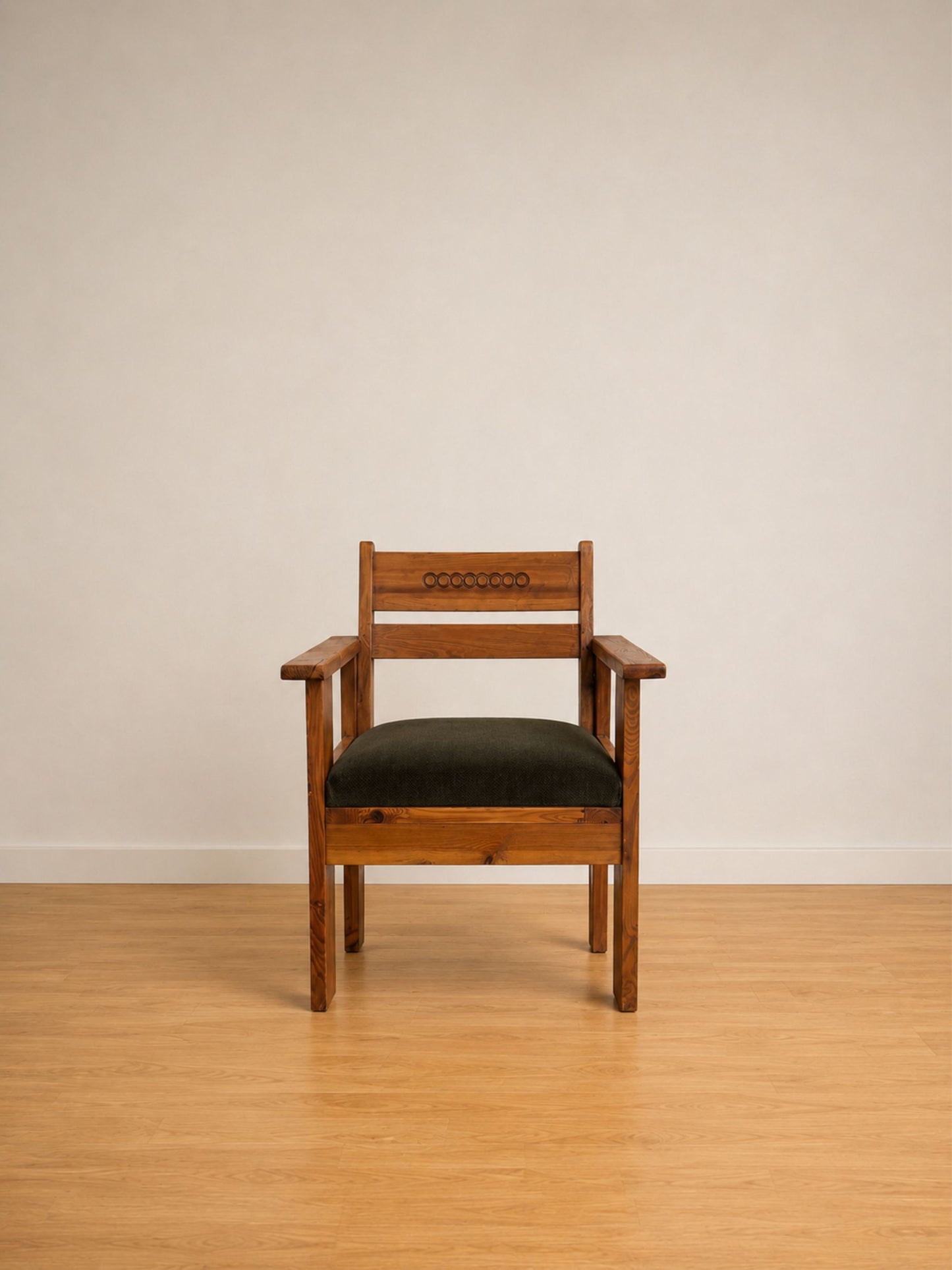 Set of Two Mid-Century Pine Armchairs with Green Upholstery