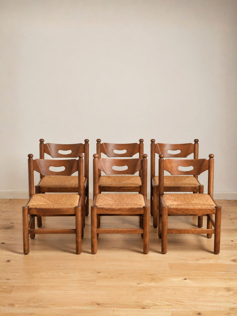 Set of Six Brutalist Style Oak Dining Chairs with Rush Seats