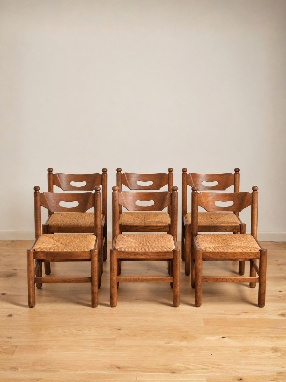 Set of Six Brutalist Style Oak Dining Chairs with Rush Seats