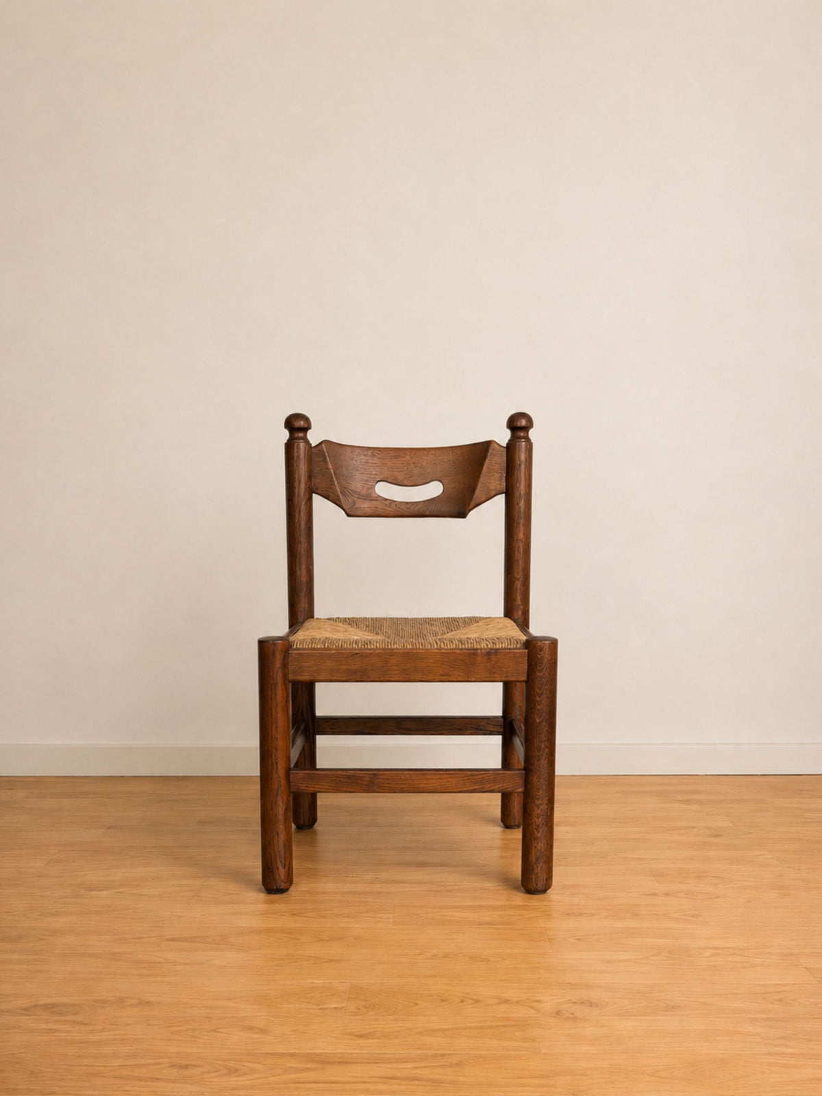 Set of Six Brutalist Style Oak Dining Chairs with Rush Seats