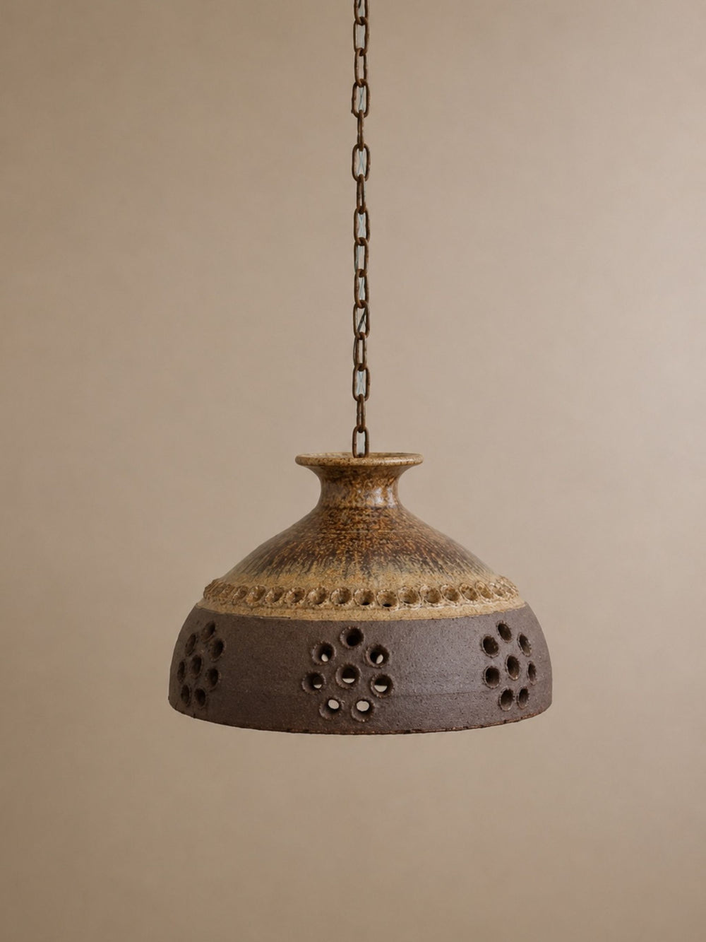 Vintage 1970s Danish Brutalist Ceramic Pendant Light with Pierced Rim Detail and Volcanic Texture