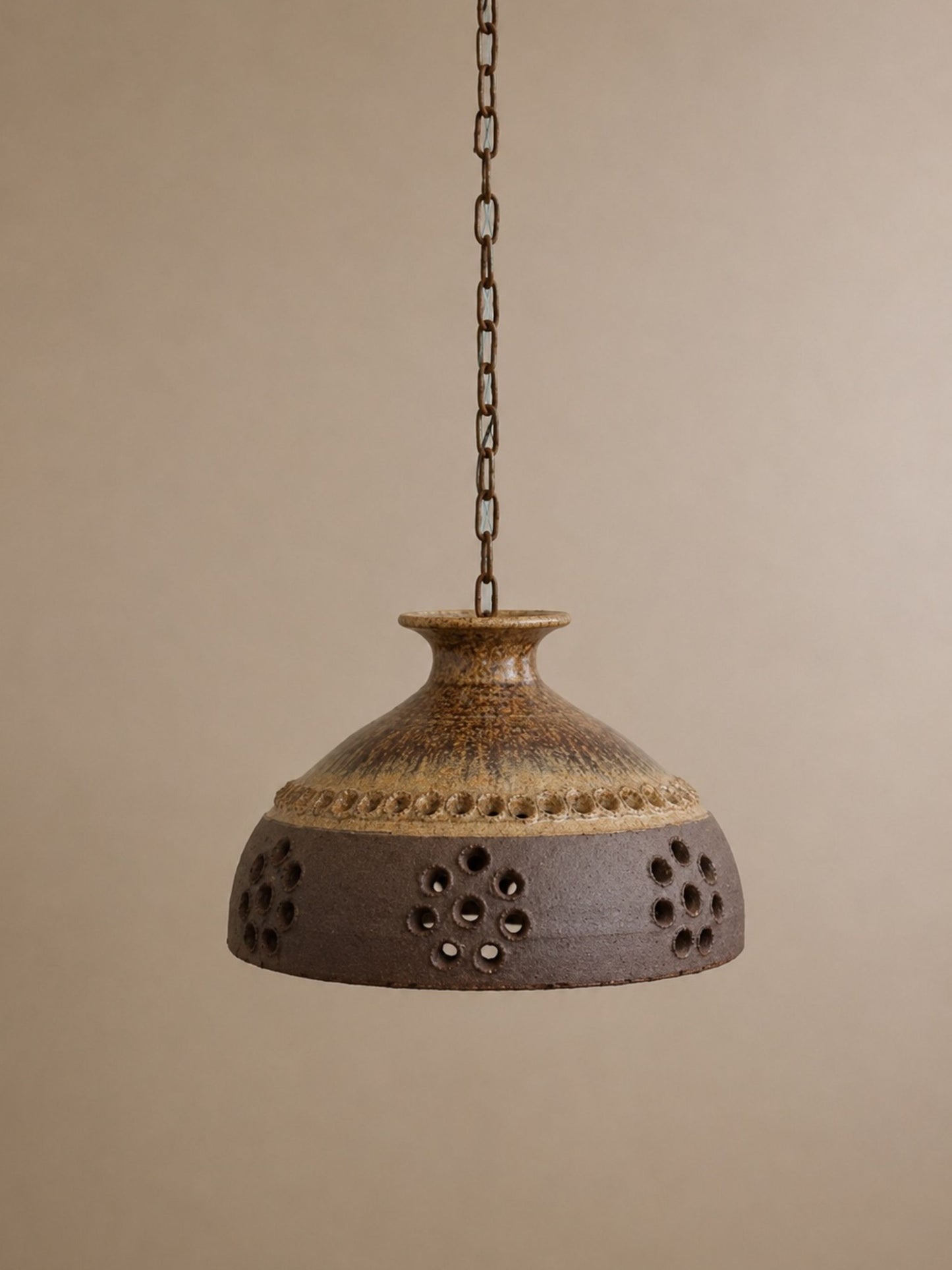 Vintage 1970s Danish Brutalist Ceramic Pendant Light with Pierced Rim Detail and Volcanic Texture