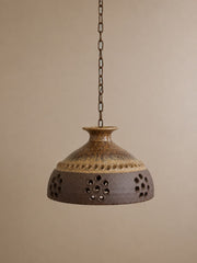 Vintage 1970s Danish Brutalist Ceramic Pendant Light with Pierced Rim Detail and Volcanic Texture