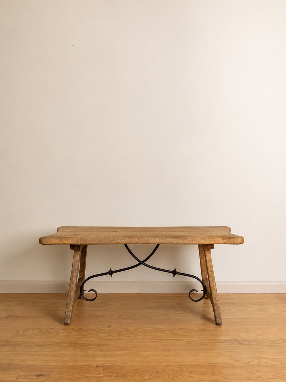 French Oak Brutalist Coffee Table with Iron Stretcher, c. 1960