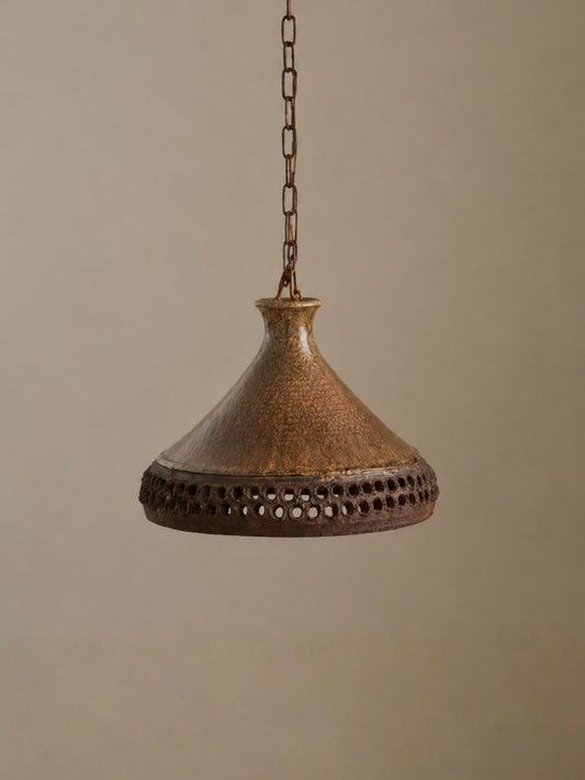 Vintage 1970s Danish Brutalist Ceramic Pendant Light with Tall Conical Form and Mottled Brown Glaze