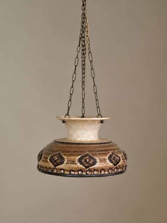 Vintage 1970s Danish Brutalist Ceramic Pendant Light with Incised Motif Decoration and Earth Tone Glaze
