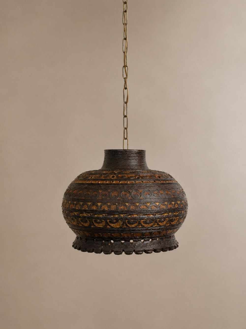 Vintage 1970s Danish Brutalist Ceramic Pendant Light with Circular Relief Detail
