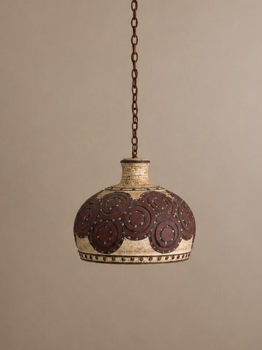 Vintage 1970s Danish Brutalist Ceramic Pendant Light with Geometric Roundel Relief Decoration
