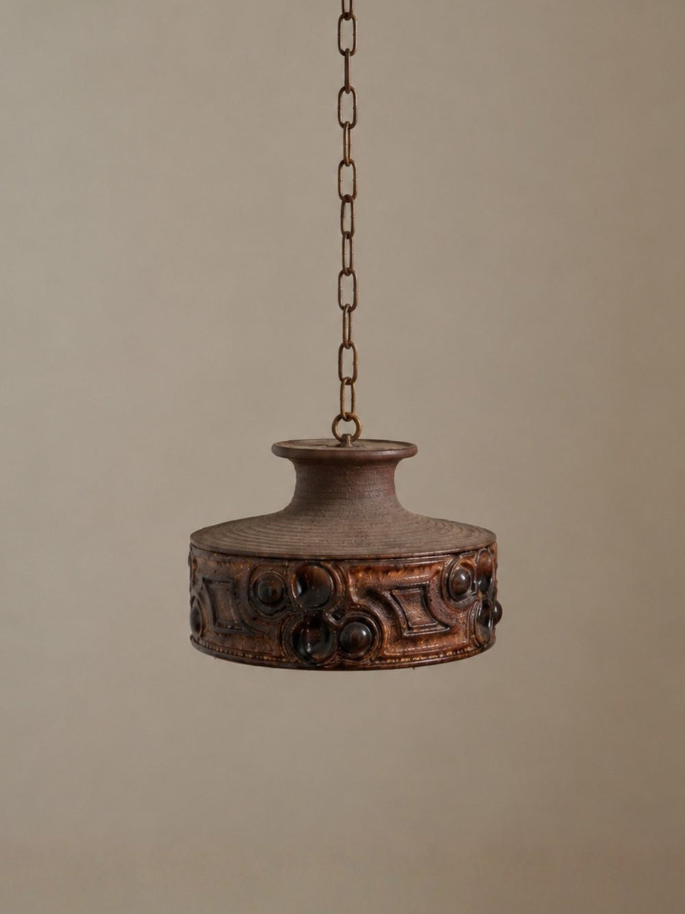Vintage 1970s Danish Brutalist Ceramic Pendant Light with Ribbed Surface and Sculptural Relief Band