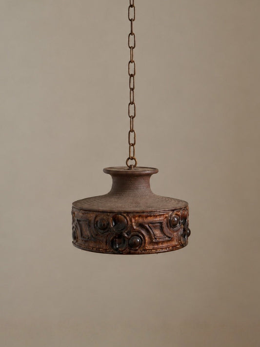 Vintage 1970s Danish Brutalist Ceramic Pendant Light with Ribbed Surface and Sculptural Relief Band
