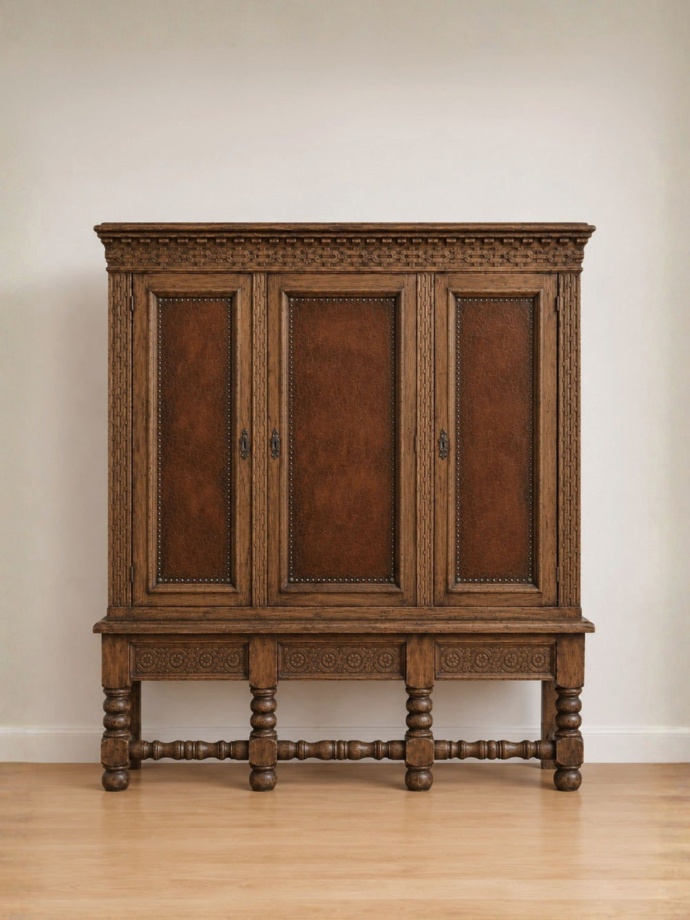 Antique Carved Oak and Leather Hutch