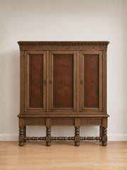 Antique Carved Oak and Leather Hutch