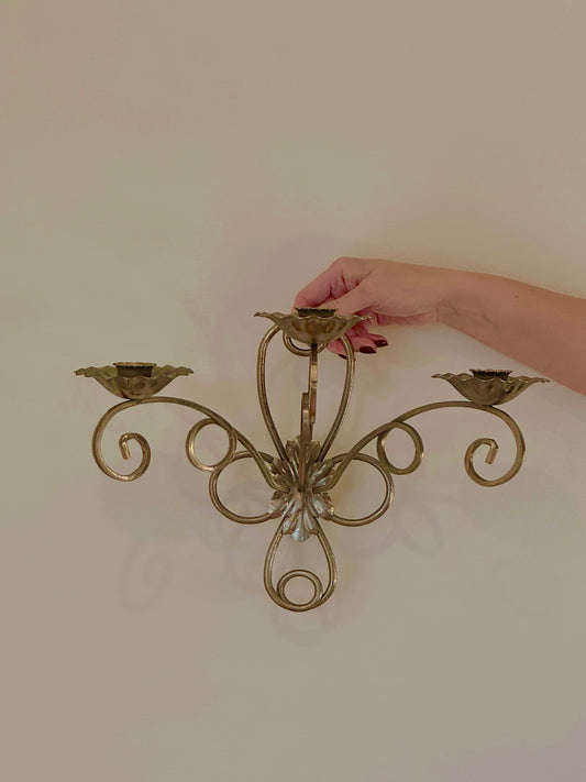 Set Of 2 Vintage Solid Brass Flower Wall Mount Candelabra Three Arm