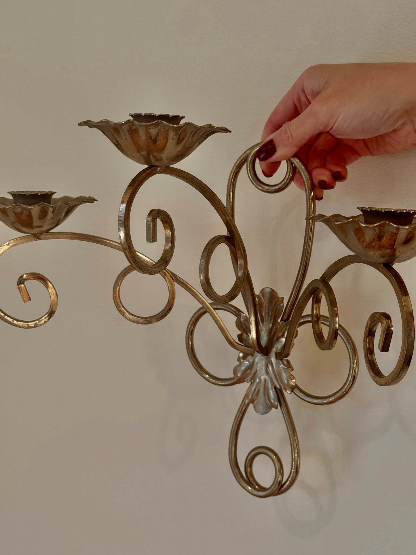 Set Of 2 Vintage Solid Brass Flower Wall Mount Candelabra Three Arm