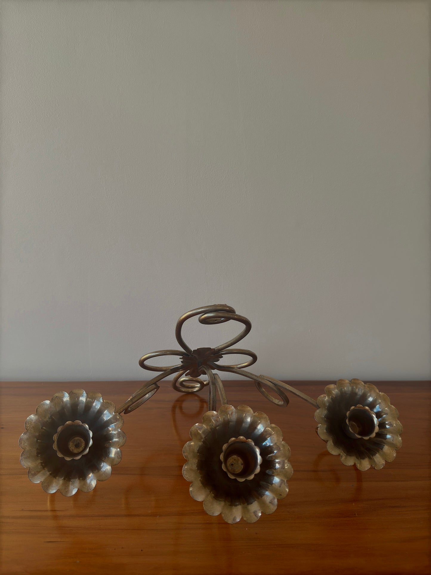 Set Of 2 Vintage Solid Brass Flower Wall Mount Candelabra Three Arm