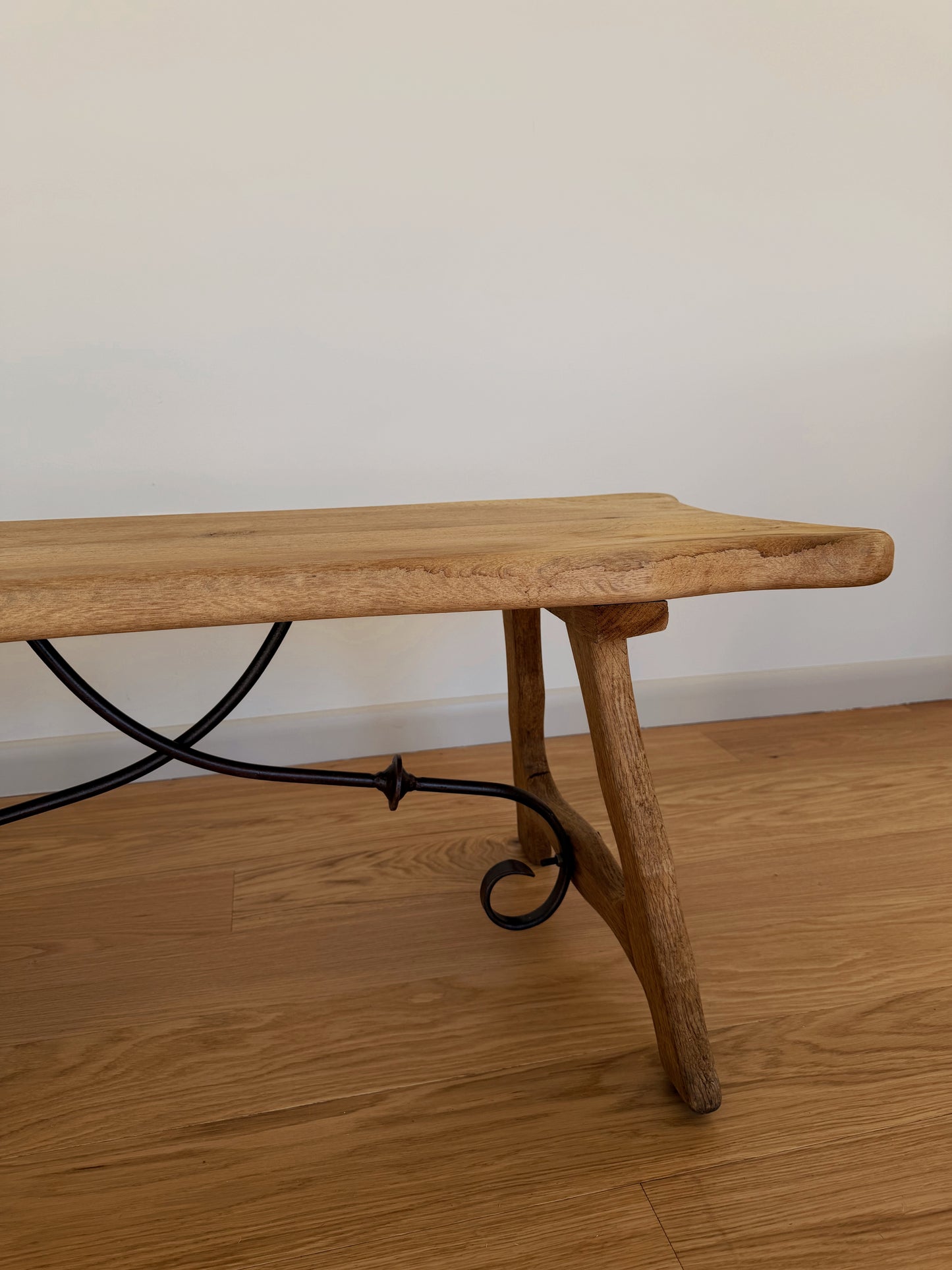 French Oak Brutalist Coffee Table with Iron Stretcher, c. 1960