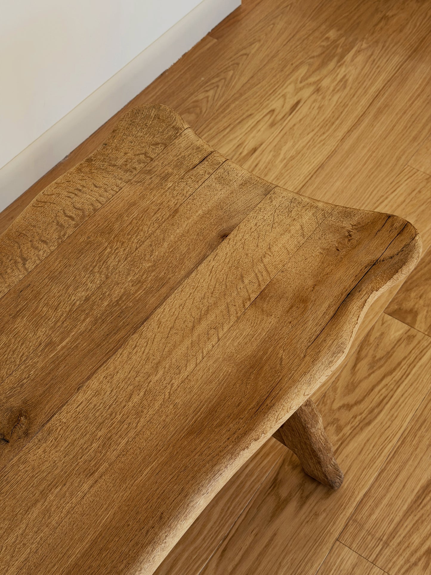 French Oak Brutalist Coffee Table with Iron Stretcher, c. 1960